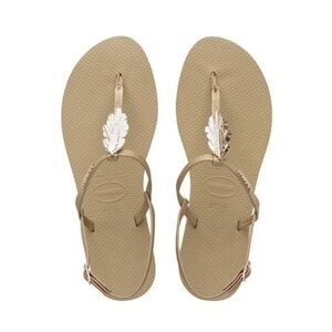 Havaianas Women's Tan Sandals with Gold Leaf Accent- size 9/10
